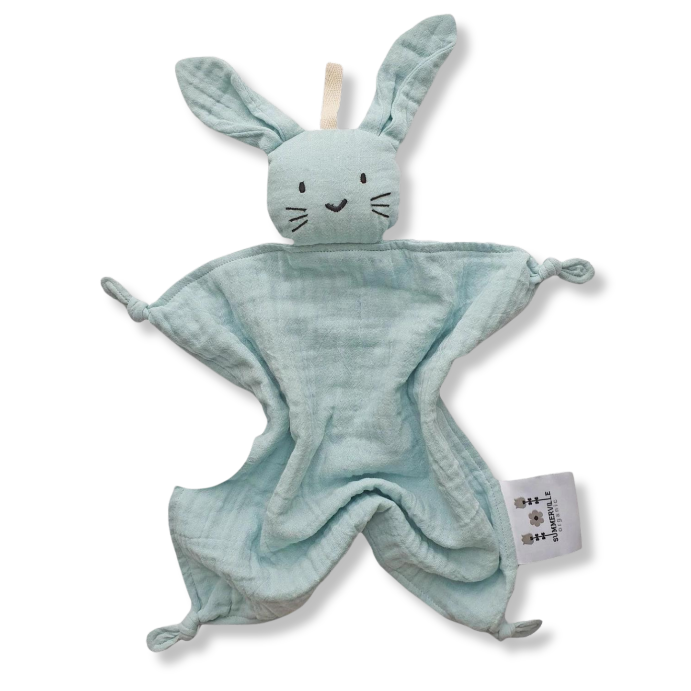Doudou lapin bleu en tissu bio certifié GOTS, aux longues oreilles et noeuds au bout des pattes.