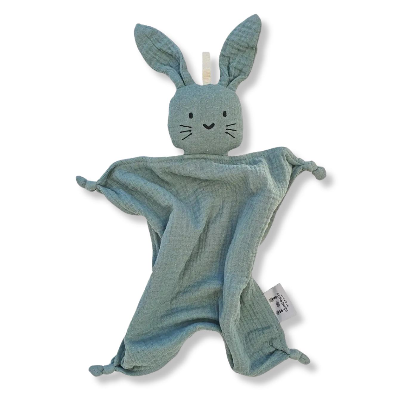 Doudou Lapin en coton bio vert canard avec de longues oreilles et des noeuds au bout des pattes. Il a de petis yeux ronds brodés en noir, des petites moustaches noires et un petit nez en forme de coeur noir.