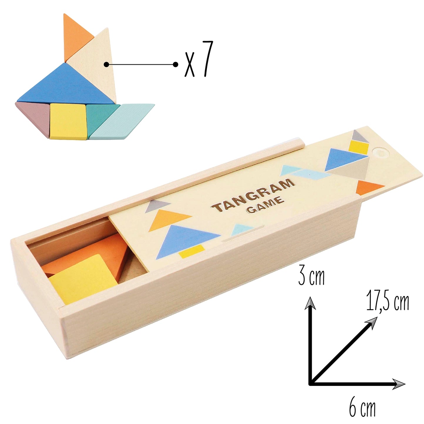 Image illustrant les 7 pièces du jeu Tangram avec la boite de rangement légèrement ouverte ainsi que les dimensions de cette dernière.